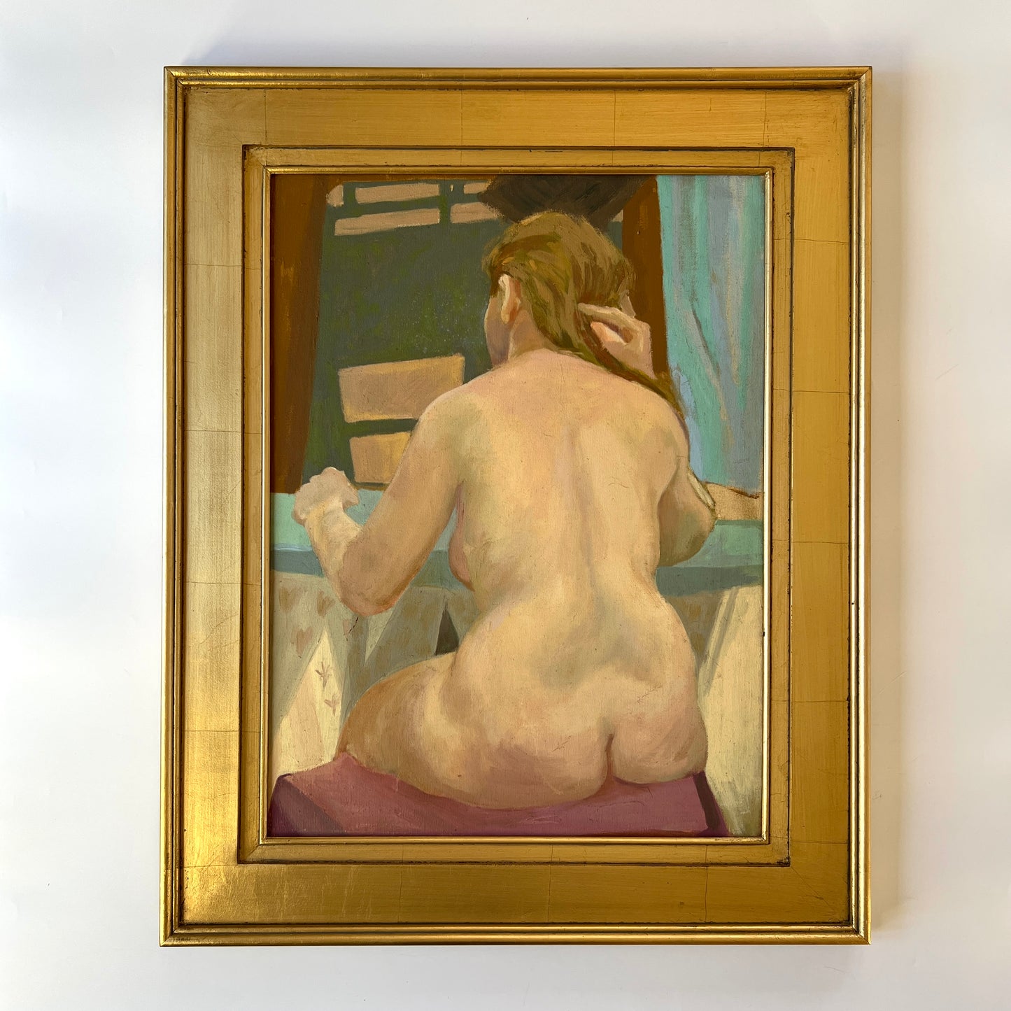 Vintage Eleanor Meyer Nude Female Portrait Oil Painting in Gold Frame