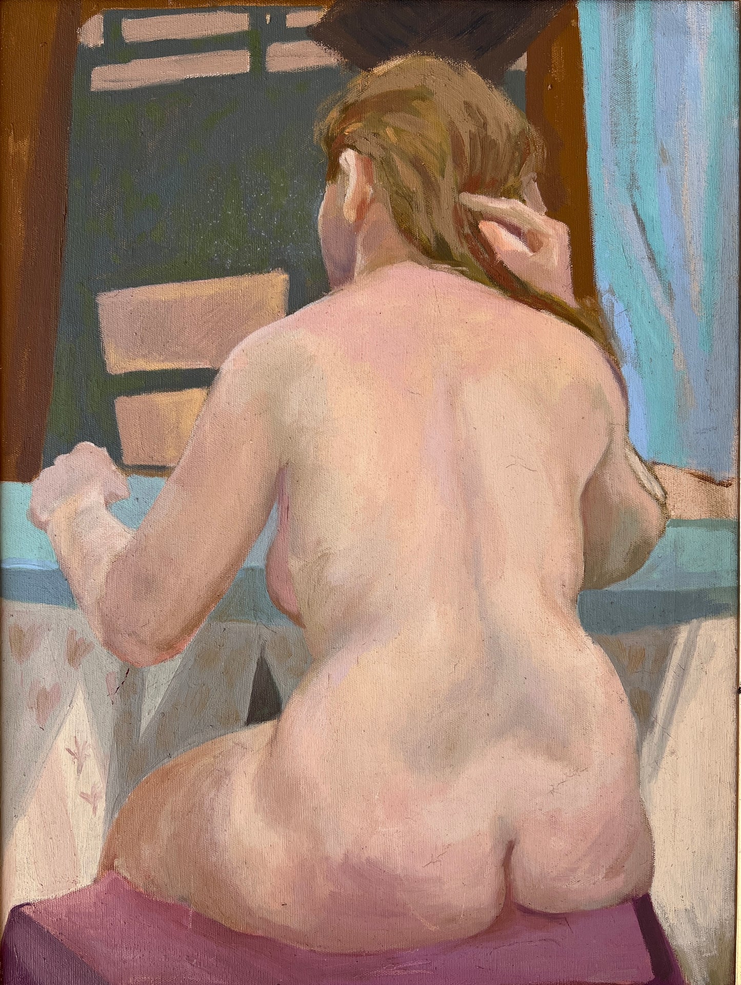 Vintage Eleanor Meyer Nude Female Portrait Oil Painting in Gold Frame