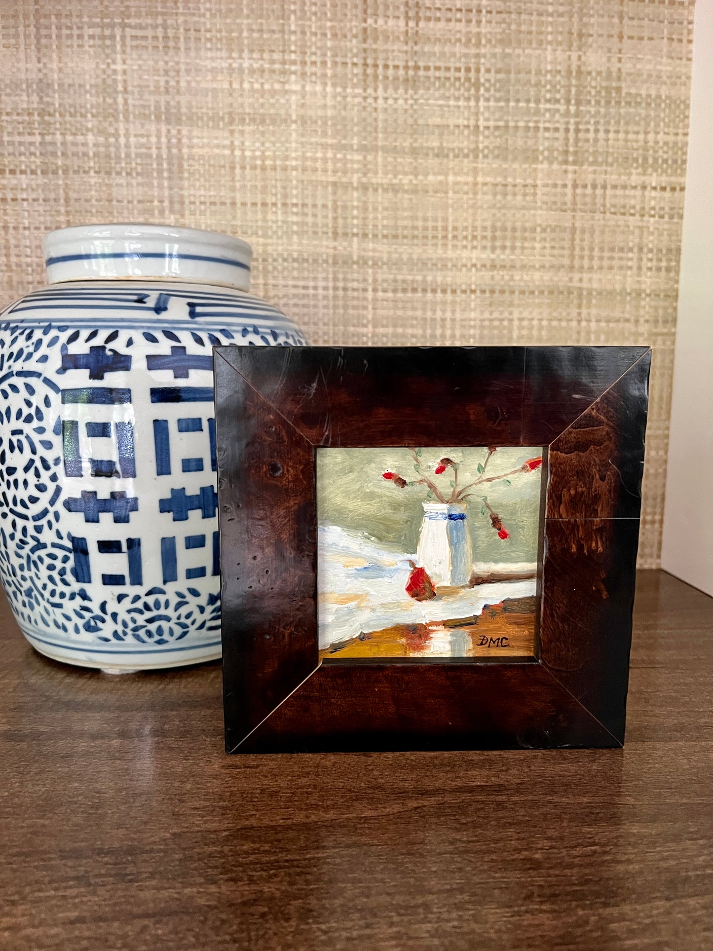 Deb Craley Miniature Strawberry and Floral Still Life Oil Painting in Wood Frame