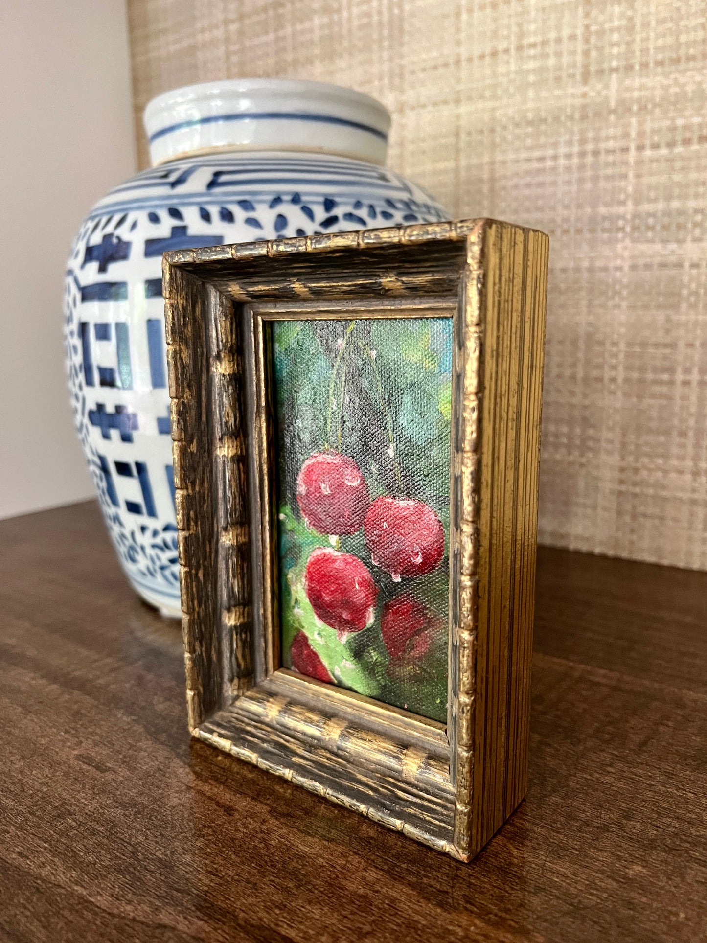 Miniature Cherry with Dew Still Life Oil Painting in Gilded Frame