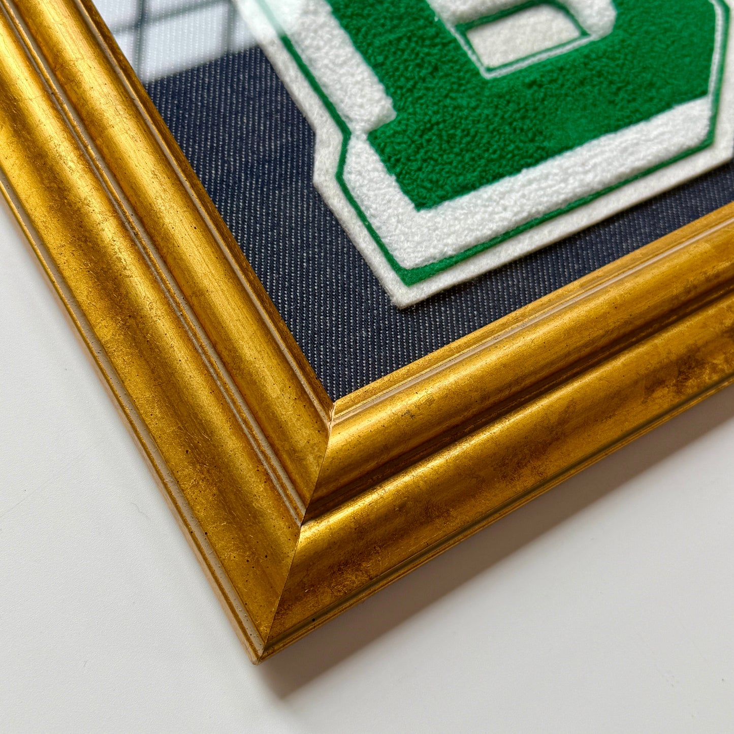 Vintage Large Green Varsity Letter "B" on Navy Blue Fabric in Gold Frame