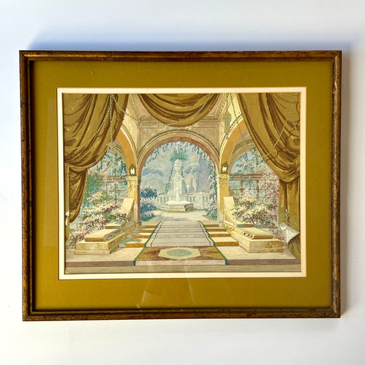 Early 20th C. Elaborate Art Deco Theatrical Set Design Gouache Painting in Gilded Frame