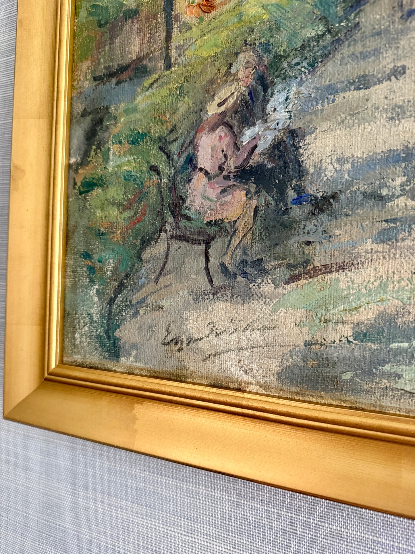 Dockside Summer Crowd Seascape Oil Painting in Gold Frame