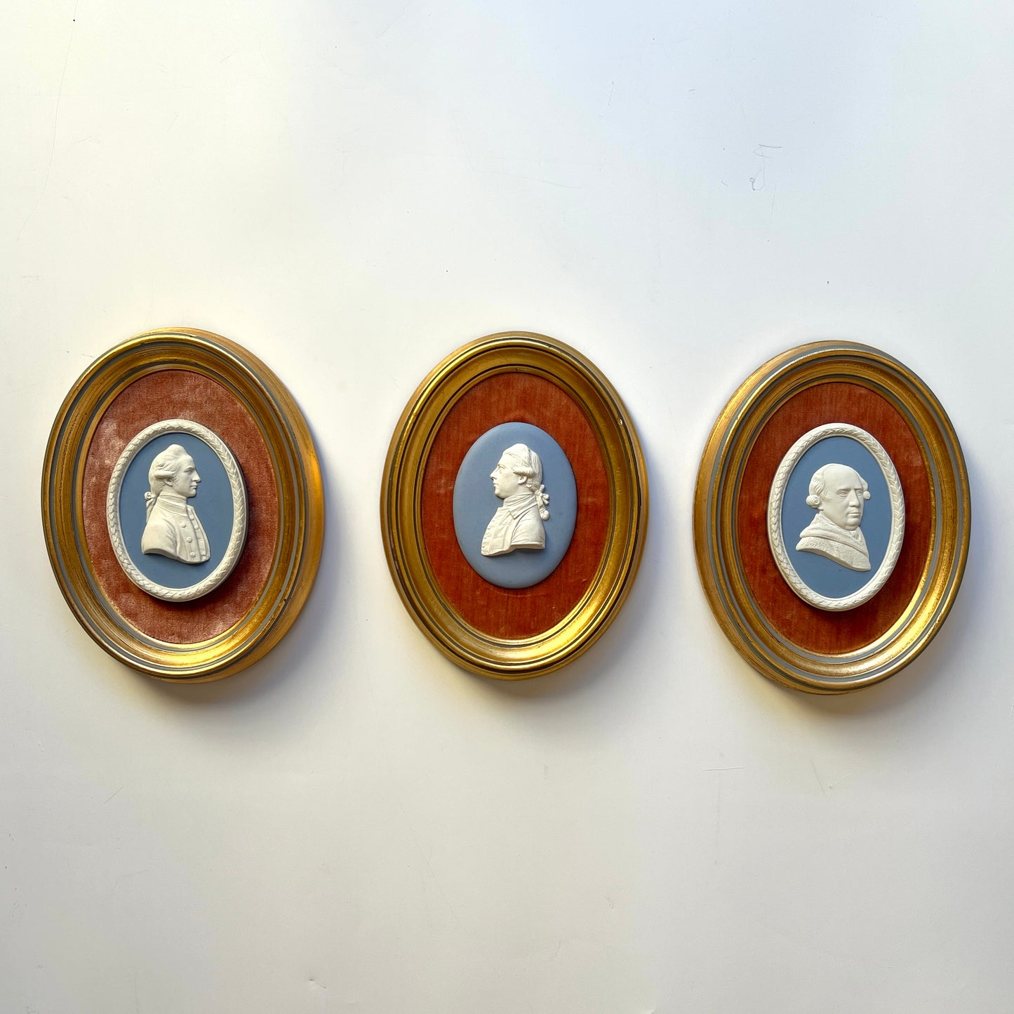 Wedgwood Jasperware Portrait Medallion of Captain James Cook Mounted on Coral Velvet in Gold Frame
