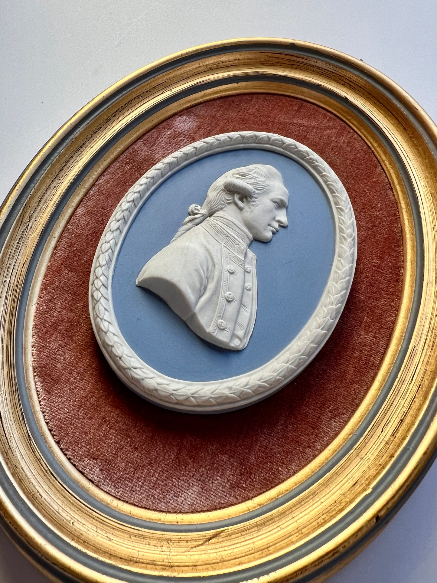 Wedgwood Jasperware Portrait Medallion of Captain James Cook Mounted on Coral Velvet in Gold Frame
