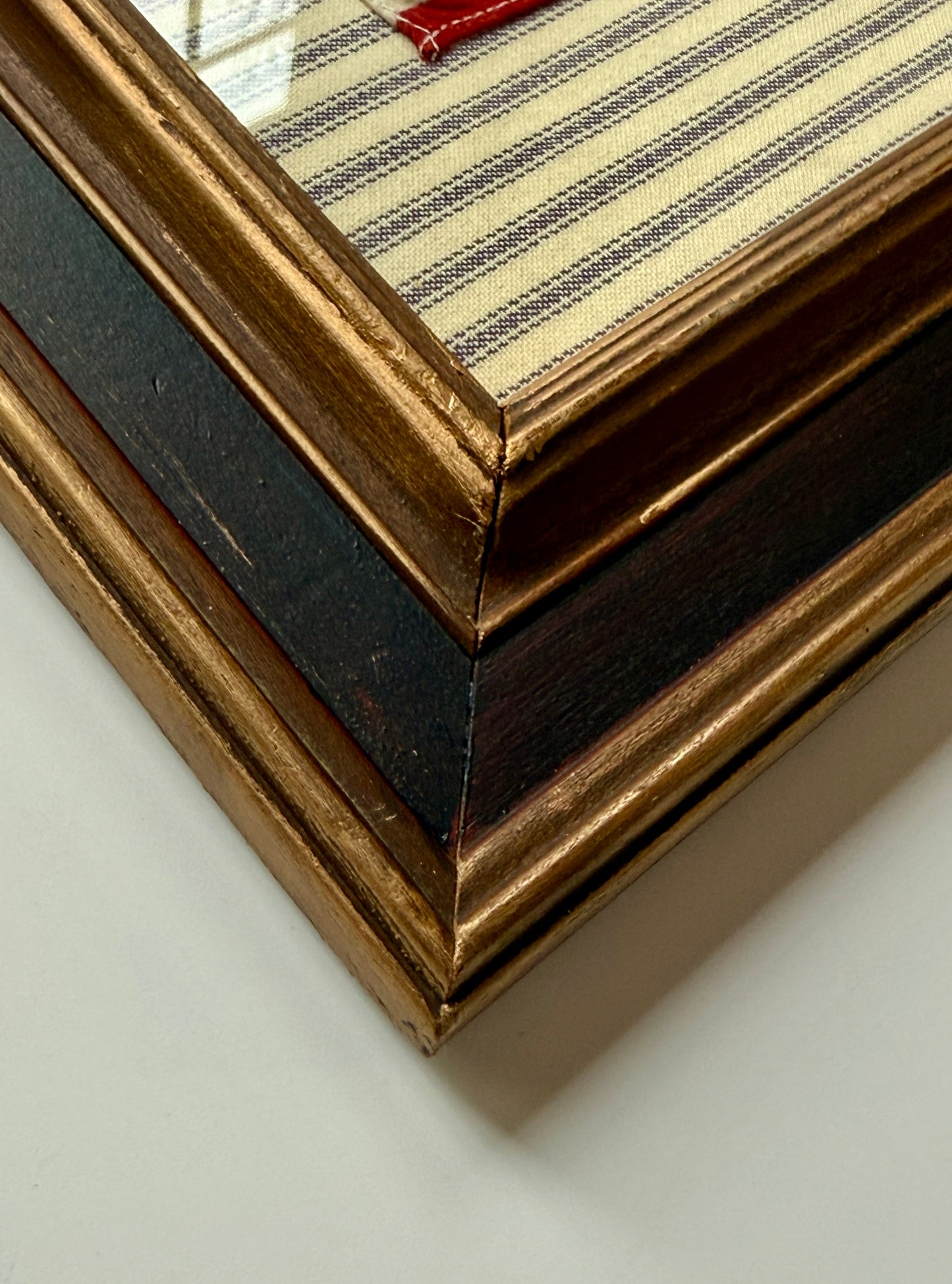 Vintage 50 Staggered Star American Flag on Blue Ticking Fabric in Navy Gold Frame