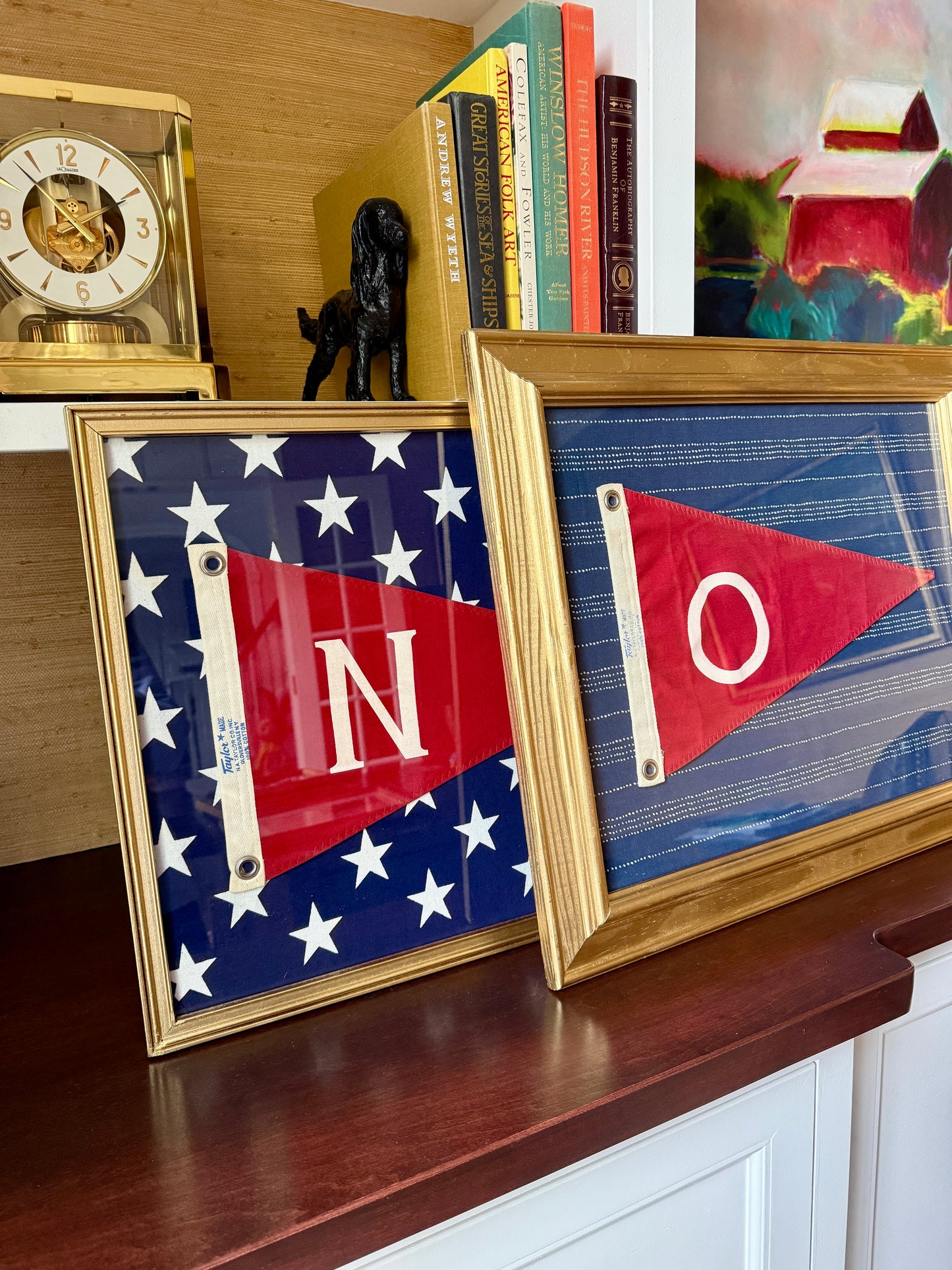 Vintage "O" Burgee Nautical Flag on Navy Striped Canvas in Gold Frame