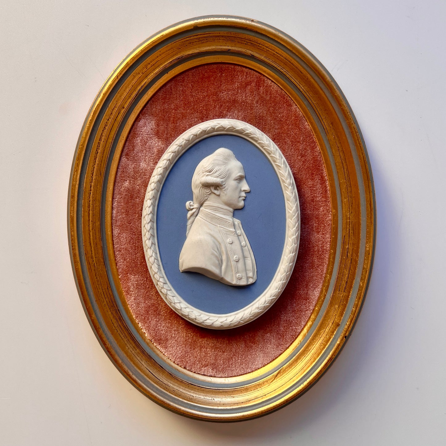Wedgwood Jasperware Portrait Medallion of Captain James Cook Mounted on Coral Velvet in Gold Frame
