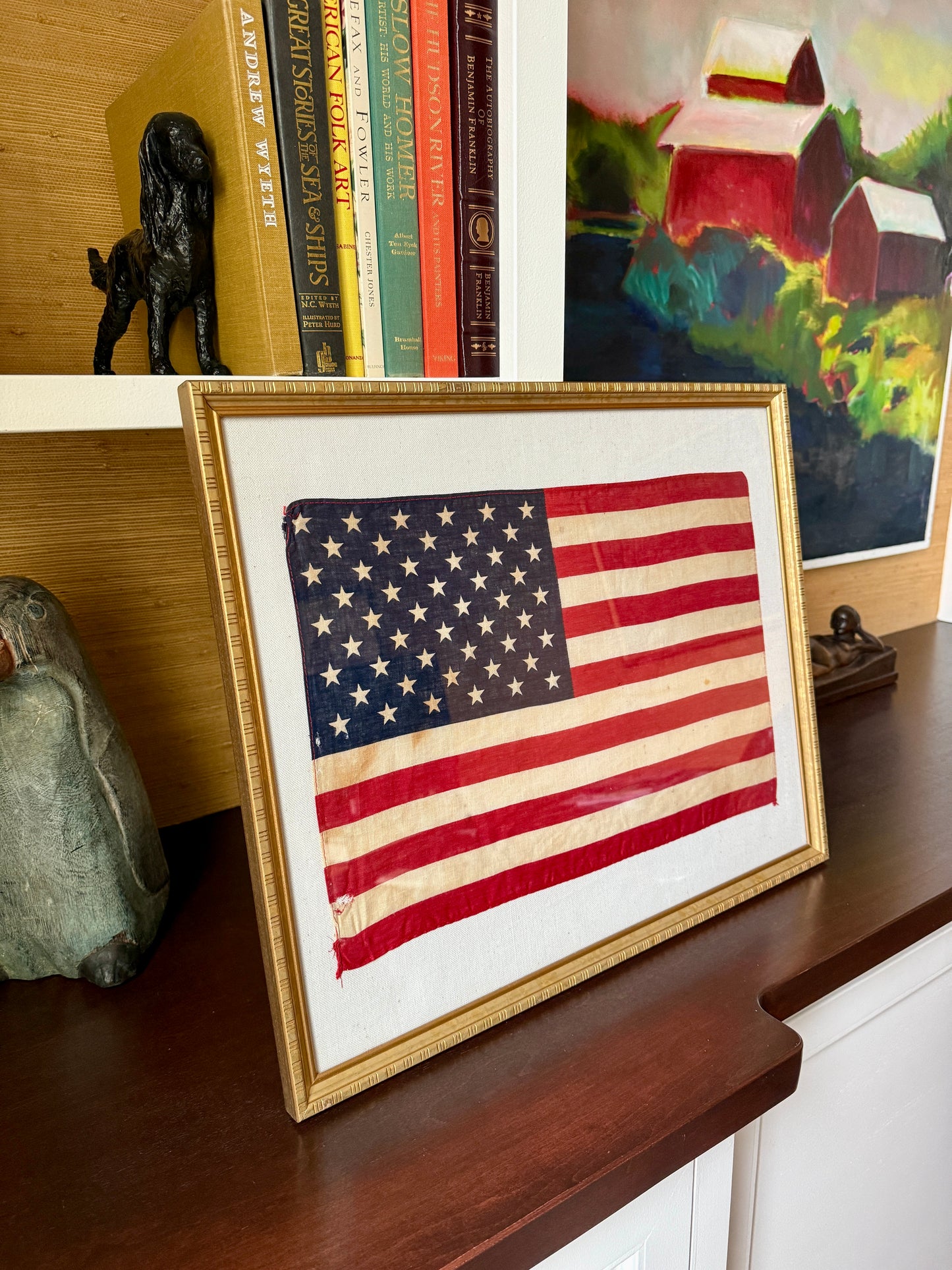 Vintage 50 Star American Flag on Ivory Duck Cloth in Gold Frame