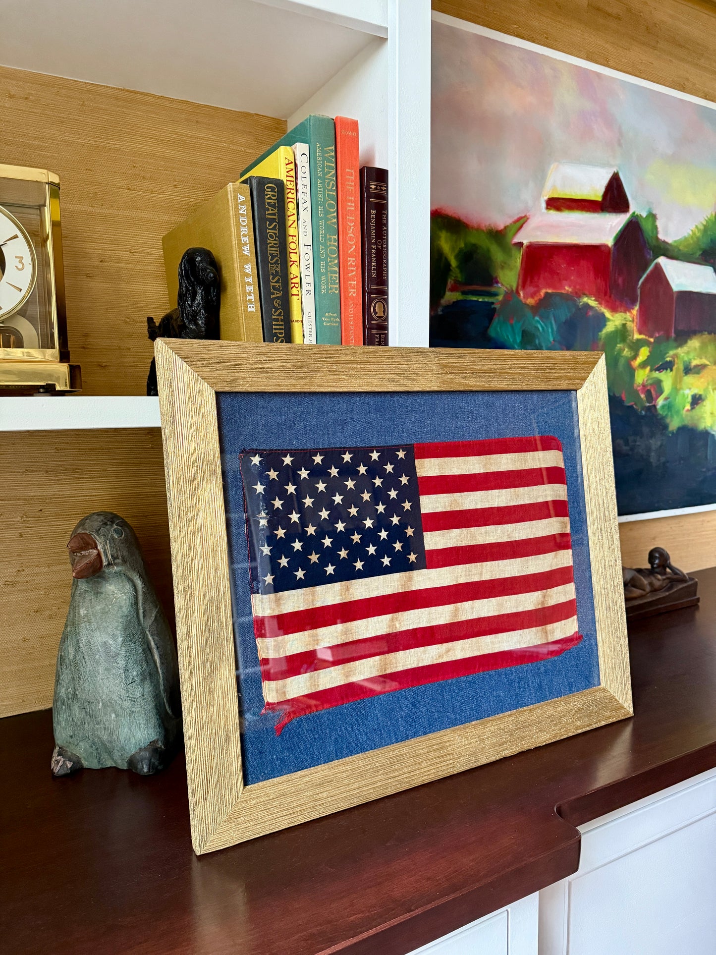 Vintage 50 Staggered Star American Flag on Blue Canvas in Gold Barnwood Frame