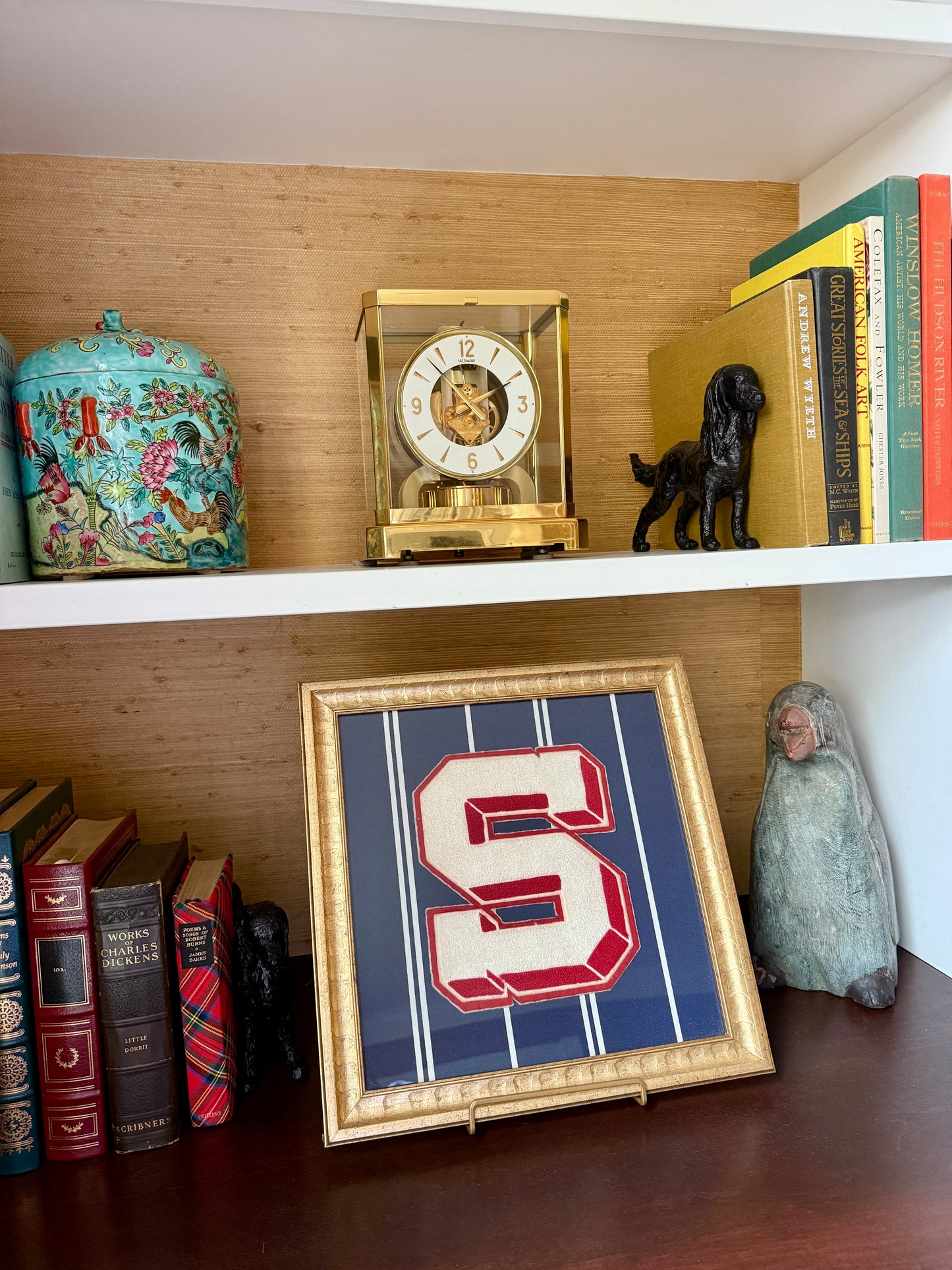 Vintage Large Varsity Initial Letter "S" on Navy White Striped Fabric in Gold Frame
