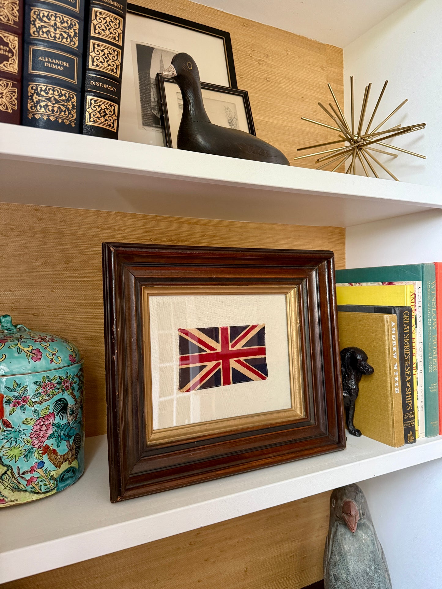 Vintage Union Jack Parade Flag on Duck Cloth in 19th Century Wood Frame