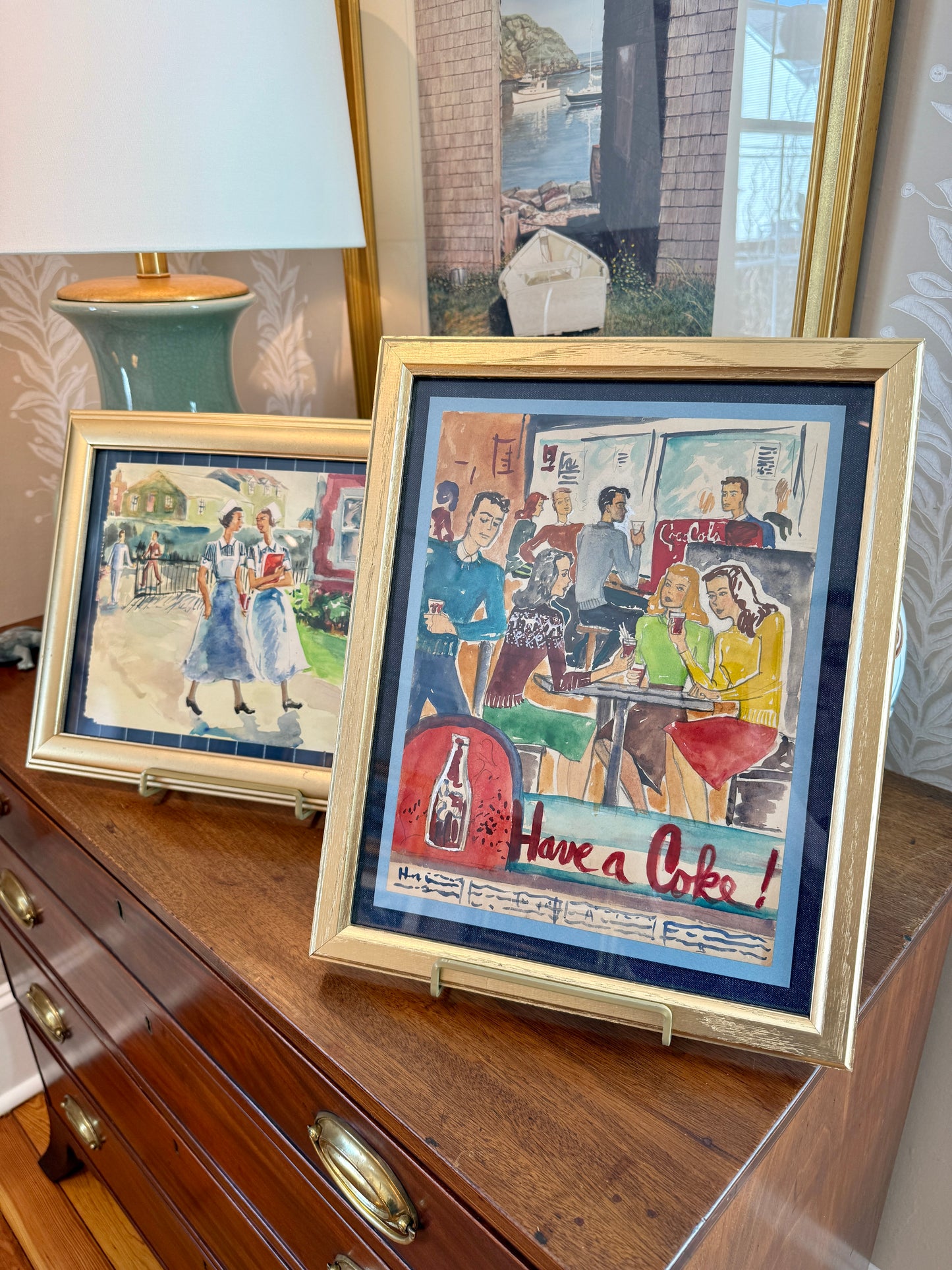 Victoria Donohue 1940s Have a Coke Coca Cola Advertisement Watercolor Painting in Gold Frame