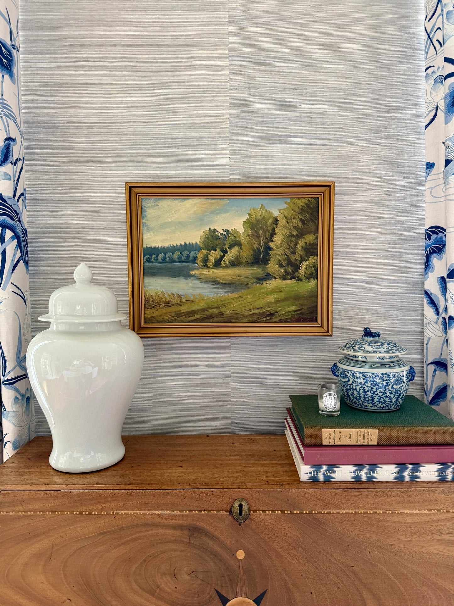 Vintage Impressionist Waterside Landscape Oil Painting in Gold Frame