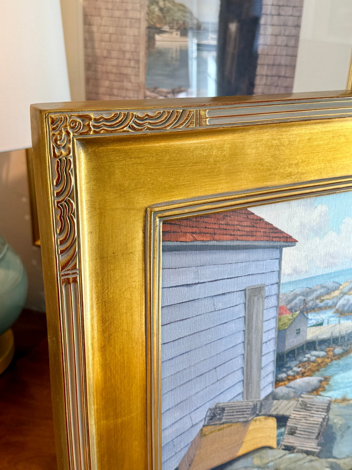 Anthony R. Thompson Down by the Harbor Seascape Oil Painting in Gold Frame