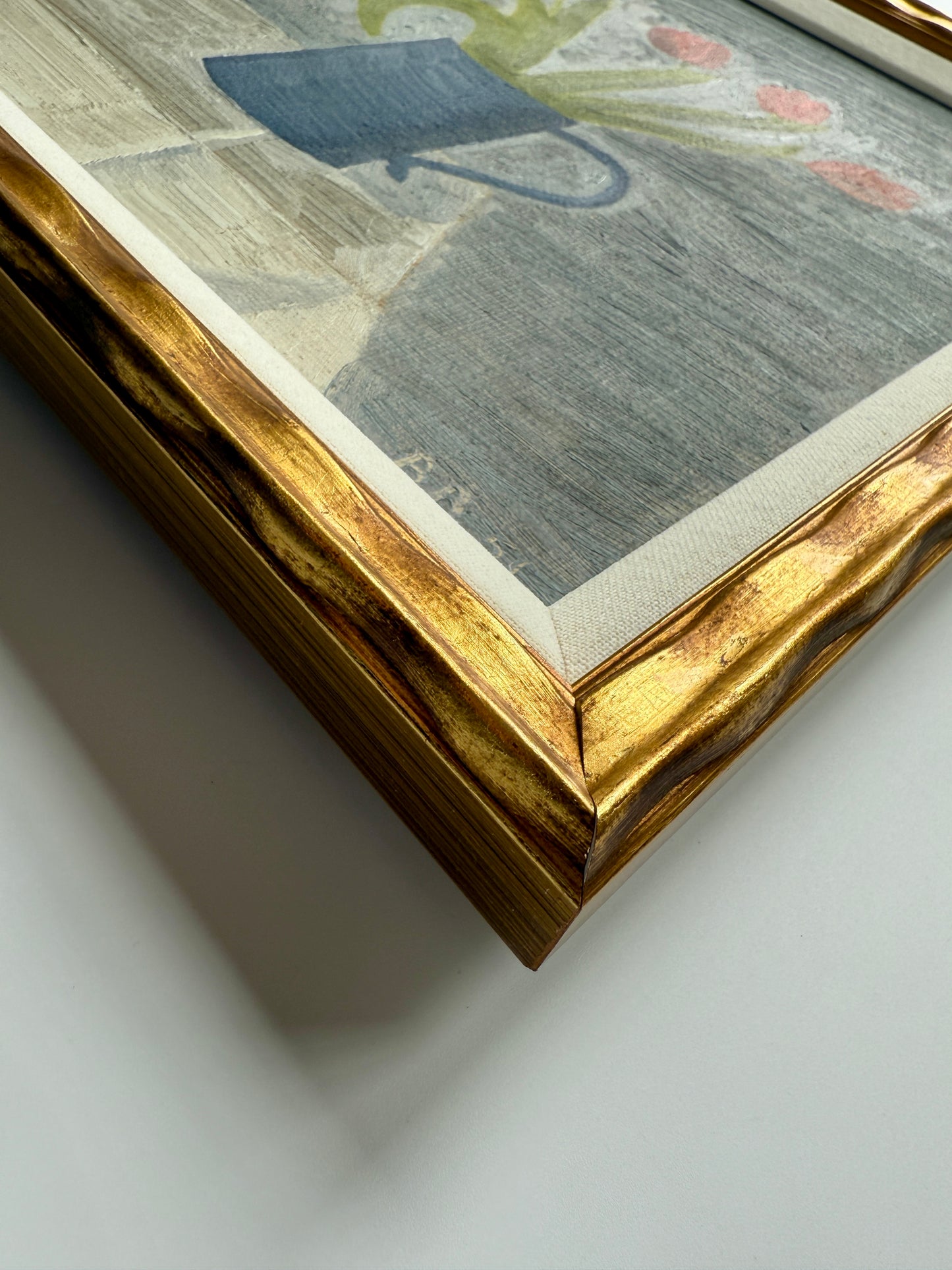 Vintage Scandinavian Red Tulips in Blue Pitcher Oil Painting in Wavy Gold Frame