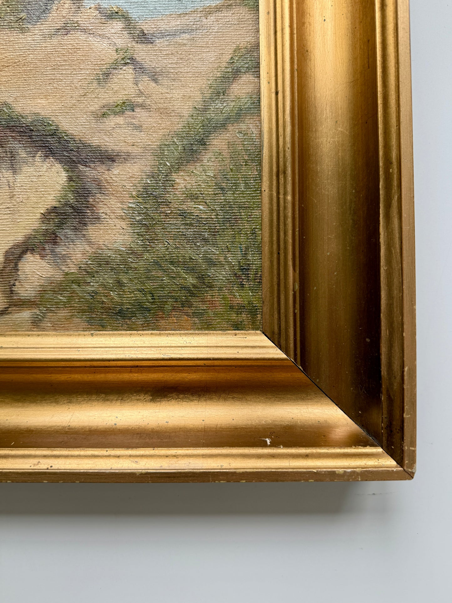 Vintage Coastal Dune Landscape Oil Painting in Gold Frame