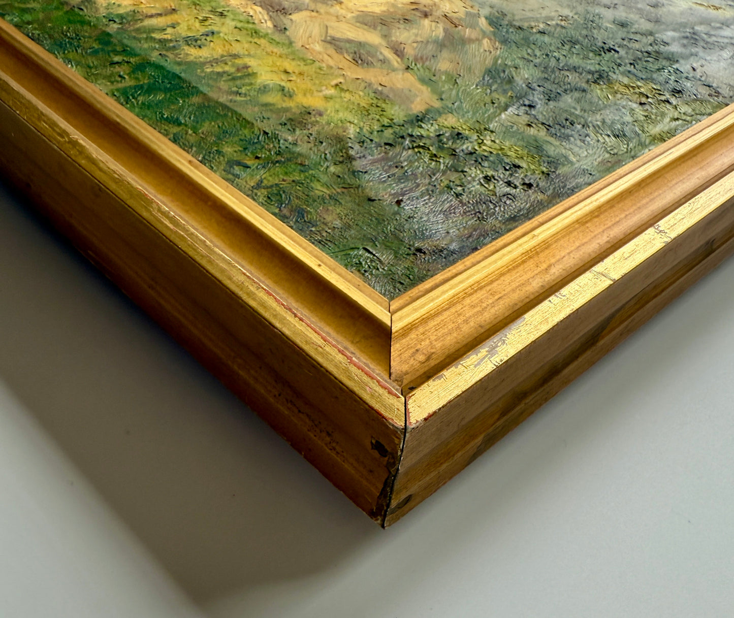 Seaside Farm Landscape Summer Haystacks Oil Painting in Gold Frame