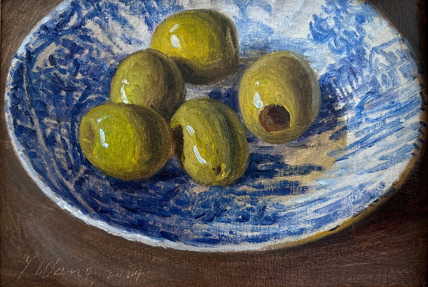 Contemporary Still Life of Green Olives in Blue Willow Bowl in Gold Frame
