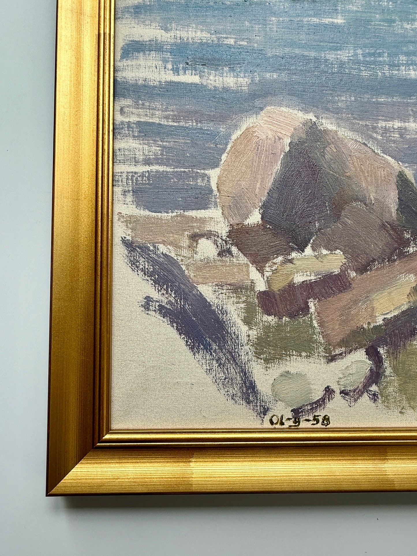 1958 Modernist Rocky Blue Green Seascape Oil Painting in Gold Frame