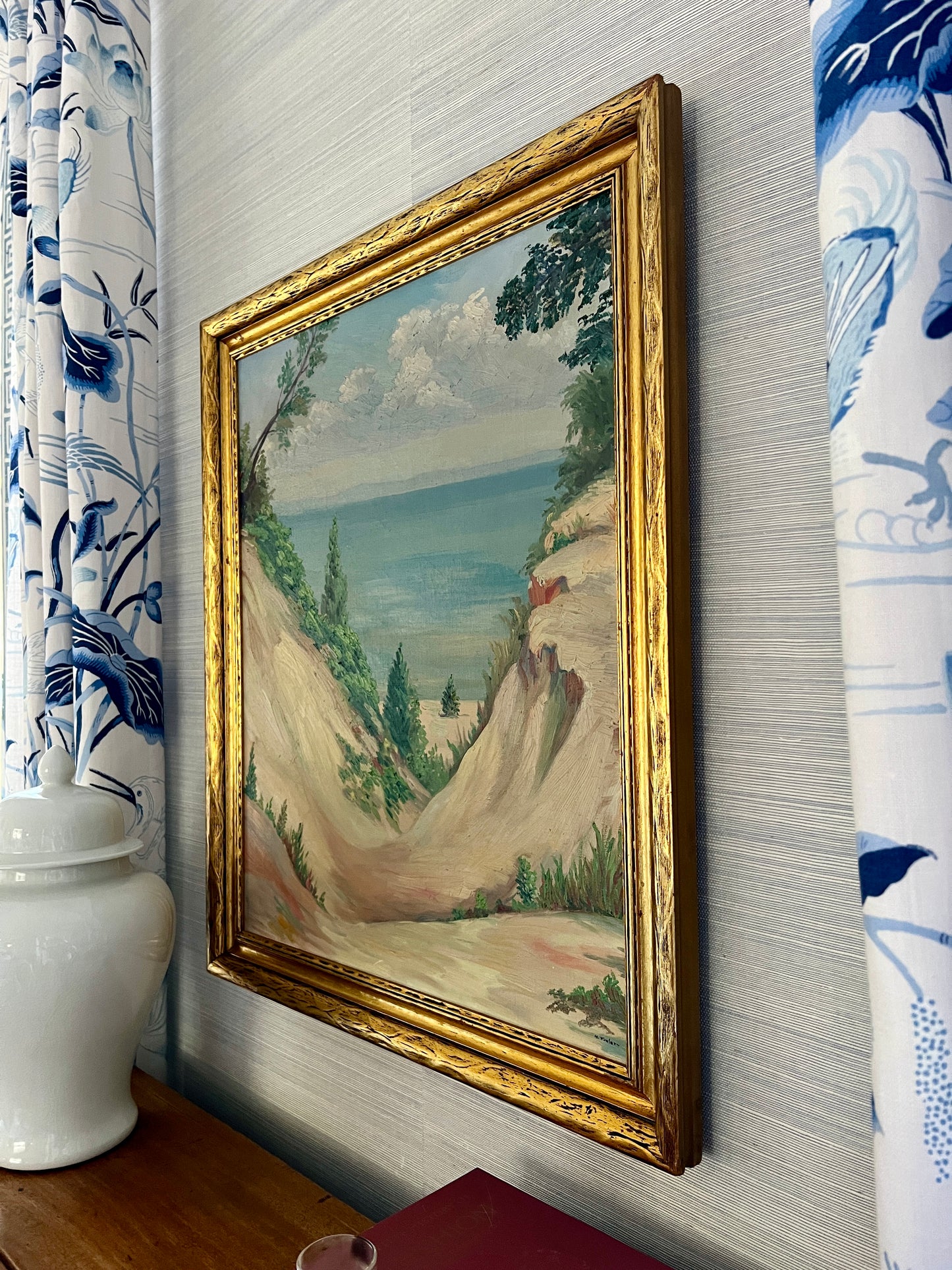 Vintage Beach Dune and Seascape Oil Painting in Gold Frame