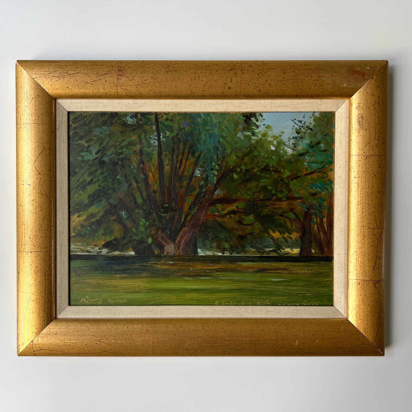 Vintage French Impressionistic Tree Landscape Oil Painting in Gold Frame