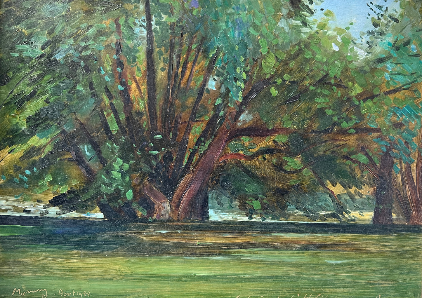 Vintage French Impressionistic Tree Landscape Oil Painting in Gold Frame