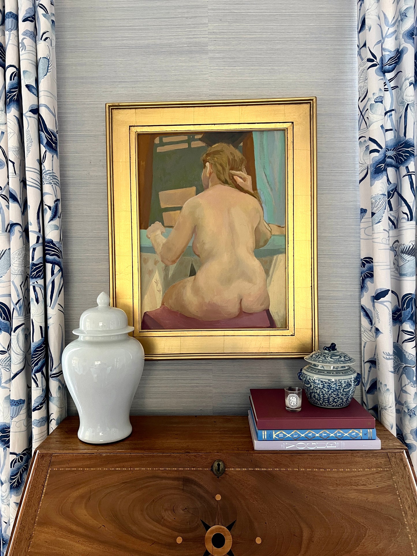 Vintage Eleanor Meyer Nude Female Portrait Oil Painting in Gold Frame