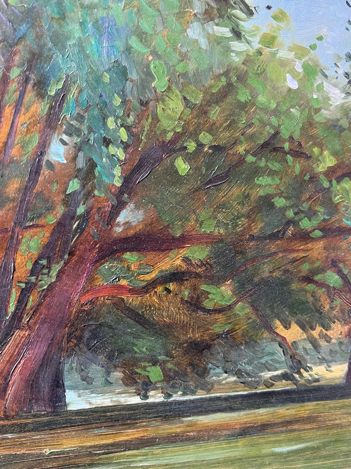 Vintage French Impressionistic Tree Landscape Oil Painting in Gold Frame