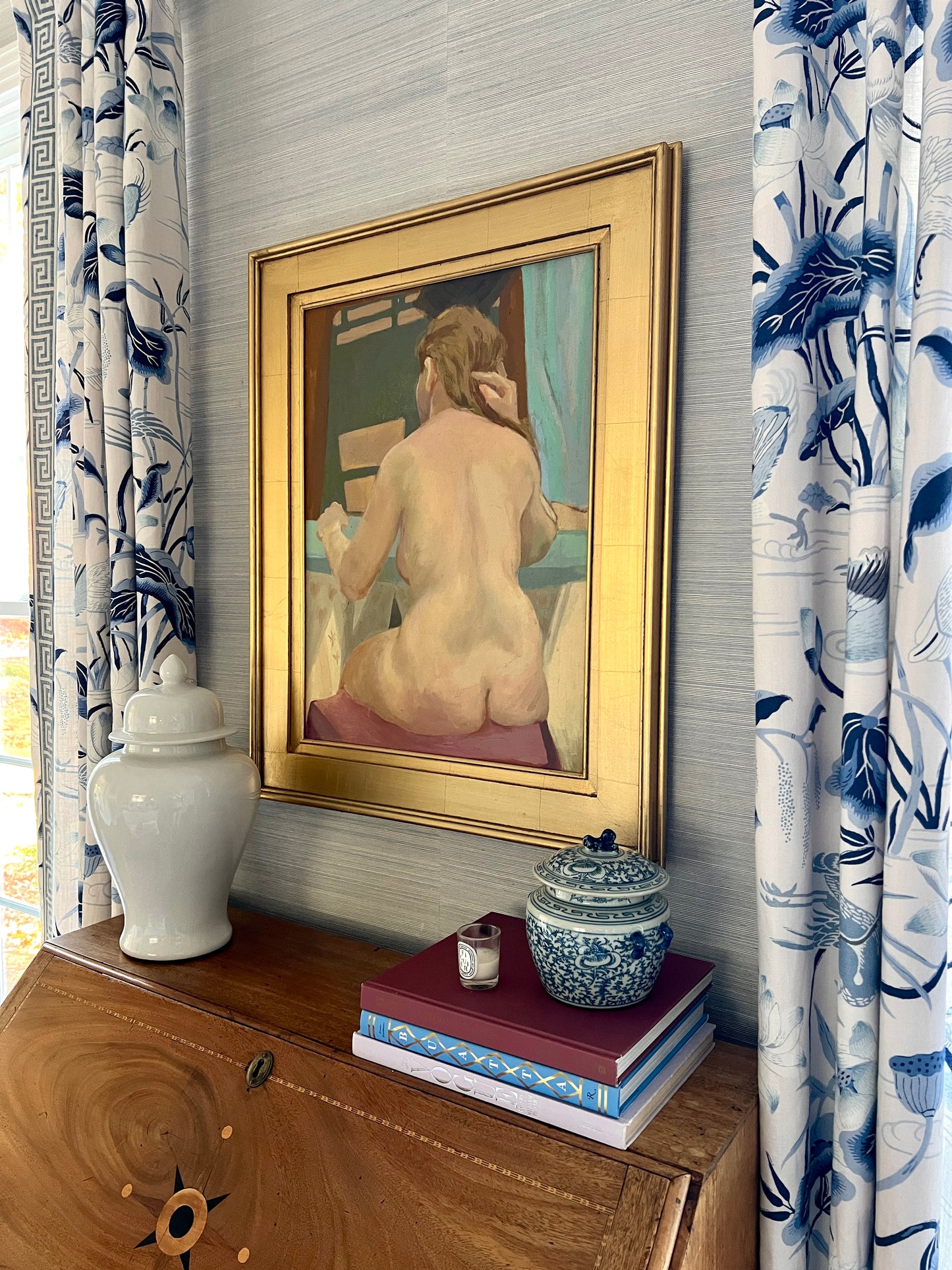 Vintage Eleanor Meyer Nude Female Portrait Oil Painting in Gold Frame