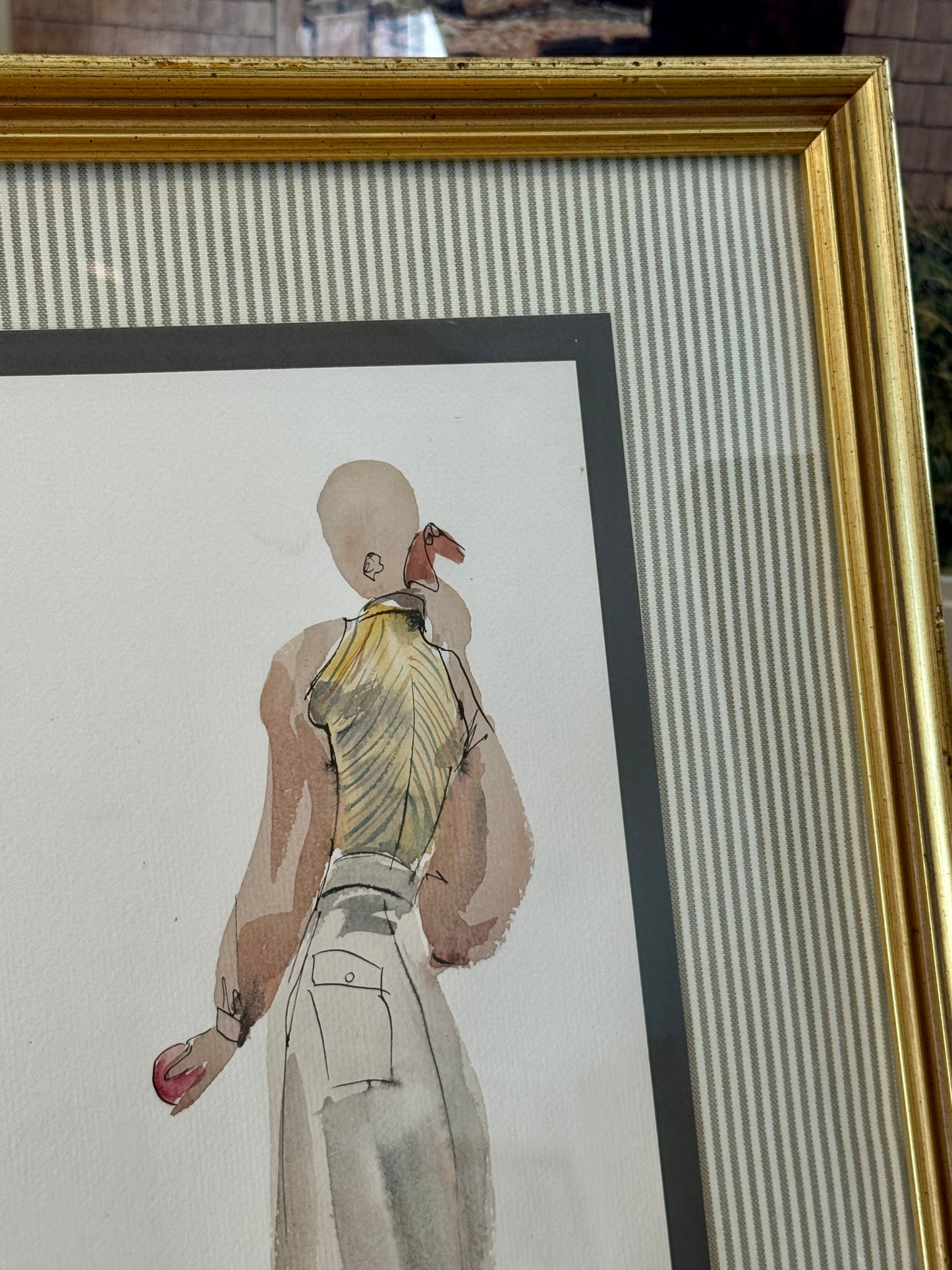 Catherine Figart Vogue Watercolor Fashion Illustration on Taupe Ticking Stripes in Gold Frame