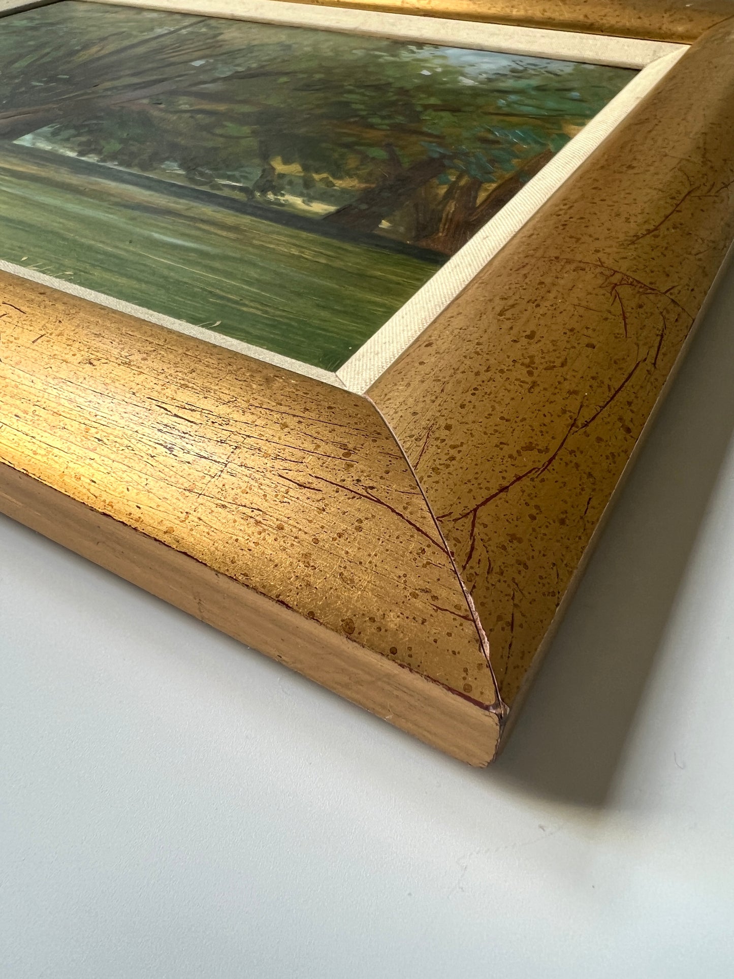 Vintage French Impressionistic Tree Landscape Oil Painting in Gold Frame