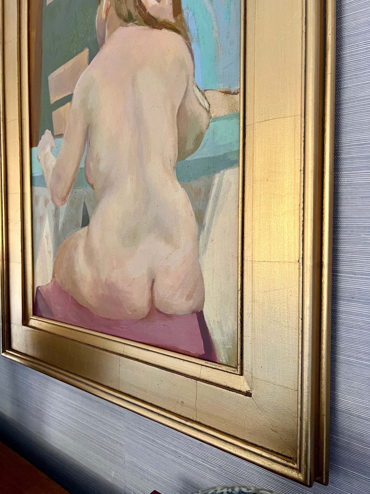 Vintage Eleanor Meyer Nude Female Portrait Oil Painting in Gold Frame