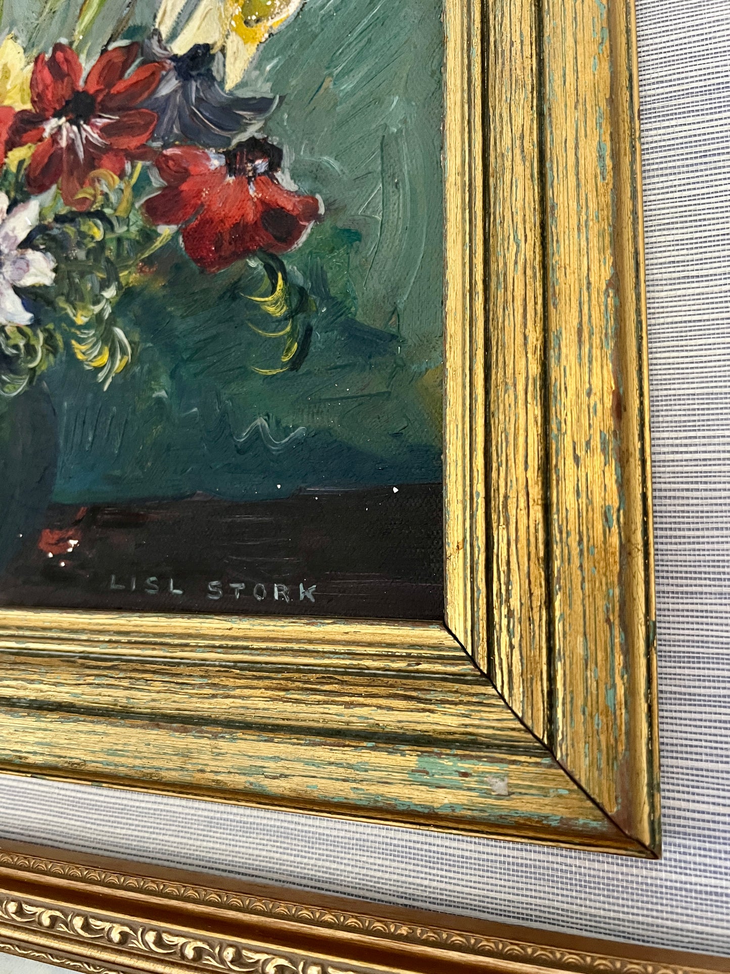 Lisl Stork Still Life of Flowers Oil Painting in Gold Frame