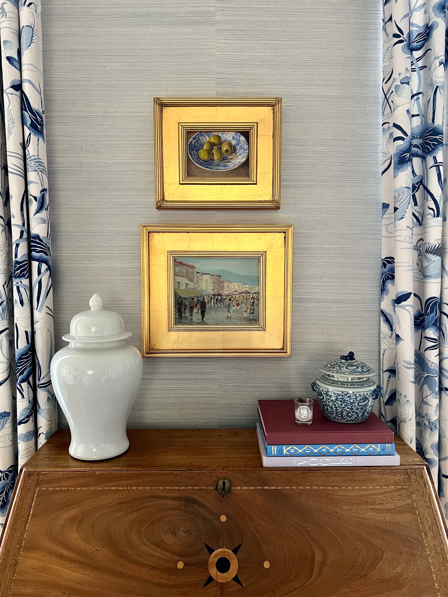 Contemporary Still Life of Green Olives in Blue Willow Bowl in Gold Frame