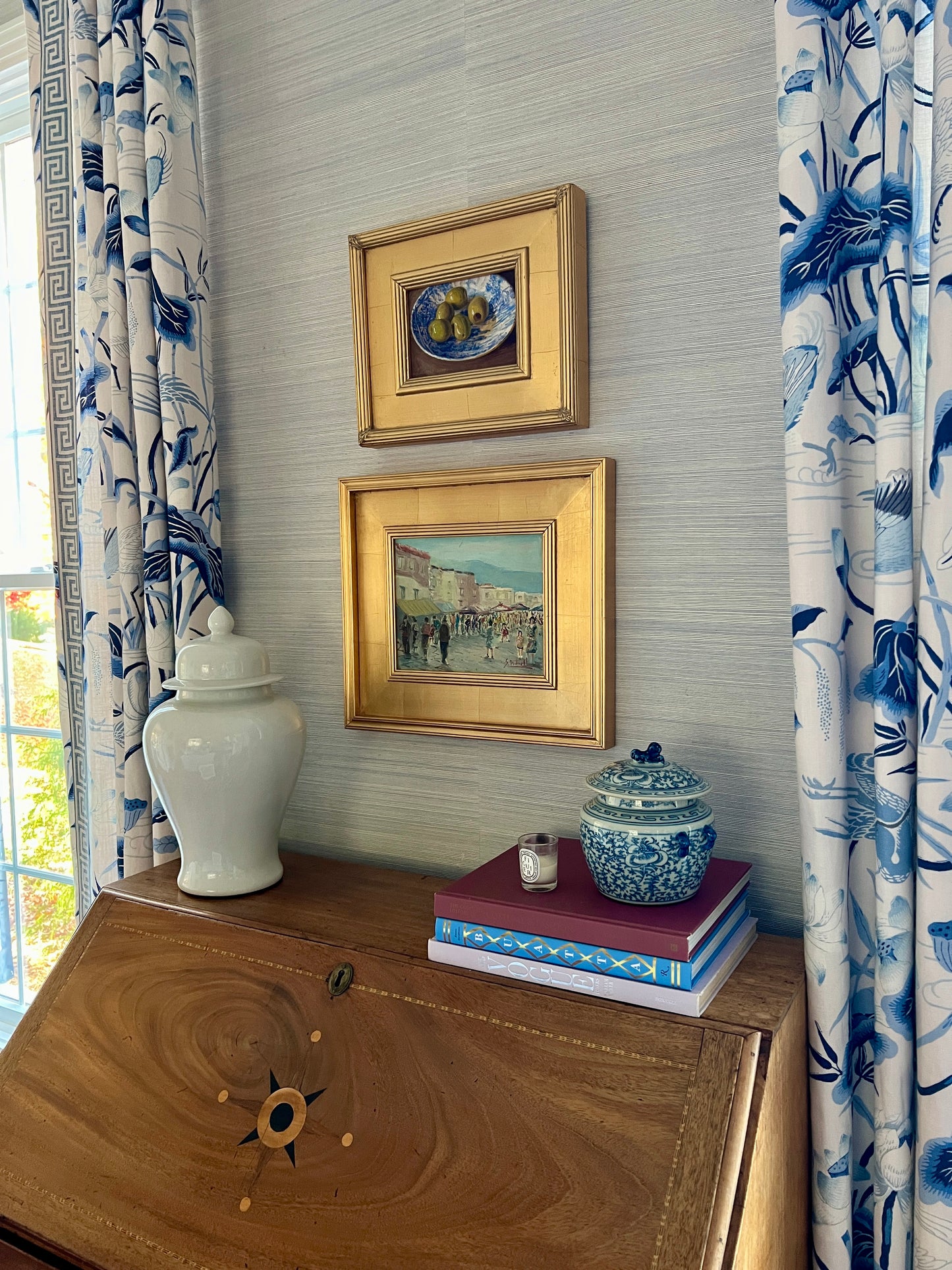 Contemporary Still Life of Green Olives in Blue Willow Bowl in Gold Frame