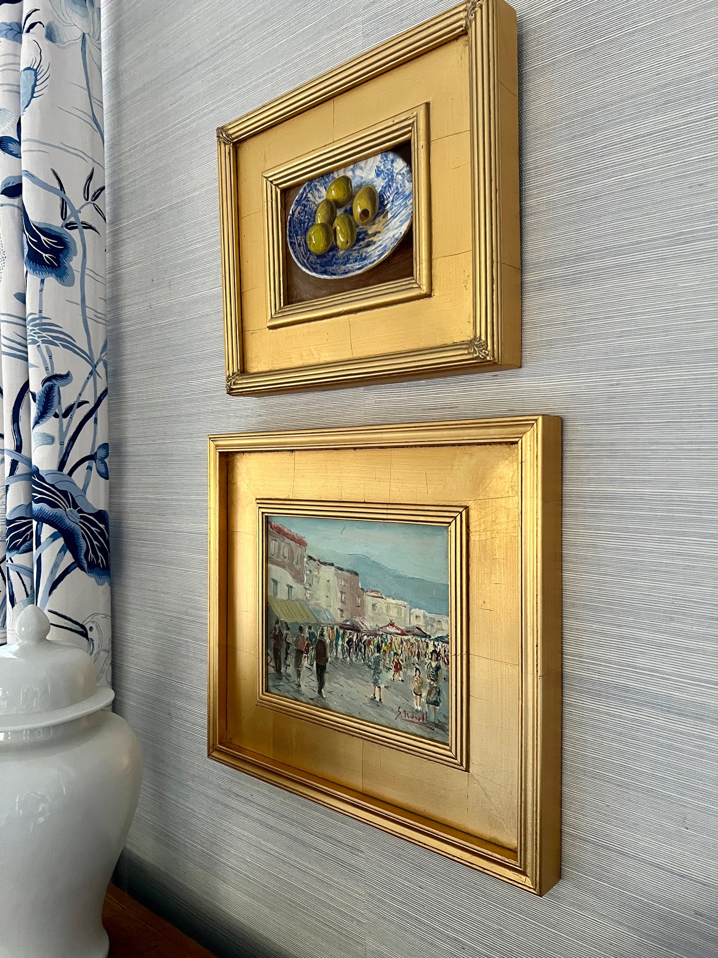 Contemporary Still Life of Green Olives in Blue Willow Bowl in Gold Frame