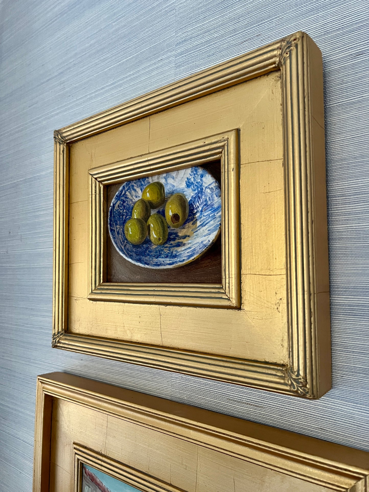 Contemporary Still Life of Green Olives in Blue Willow Bowl in Gold Frame