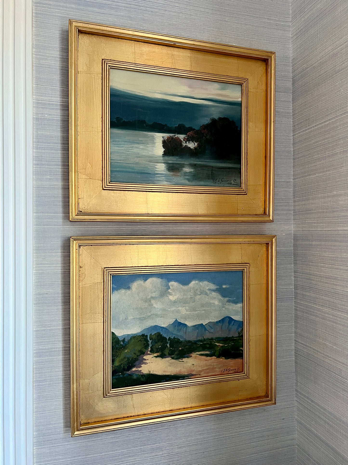 Sergio Landron de Guevara (20th c.) Moonlit Waterfront Landscape Oil Painting in Gold Frame