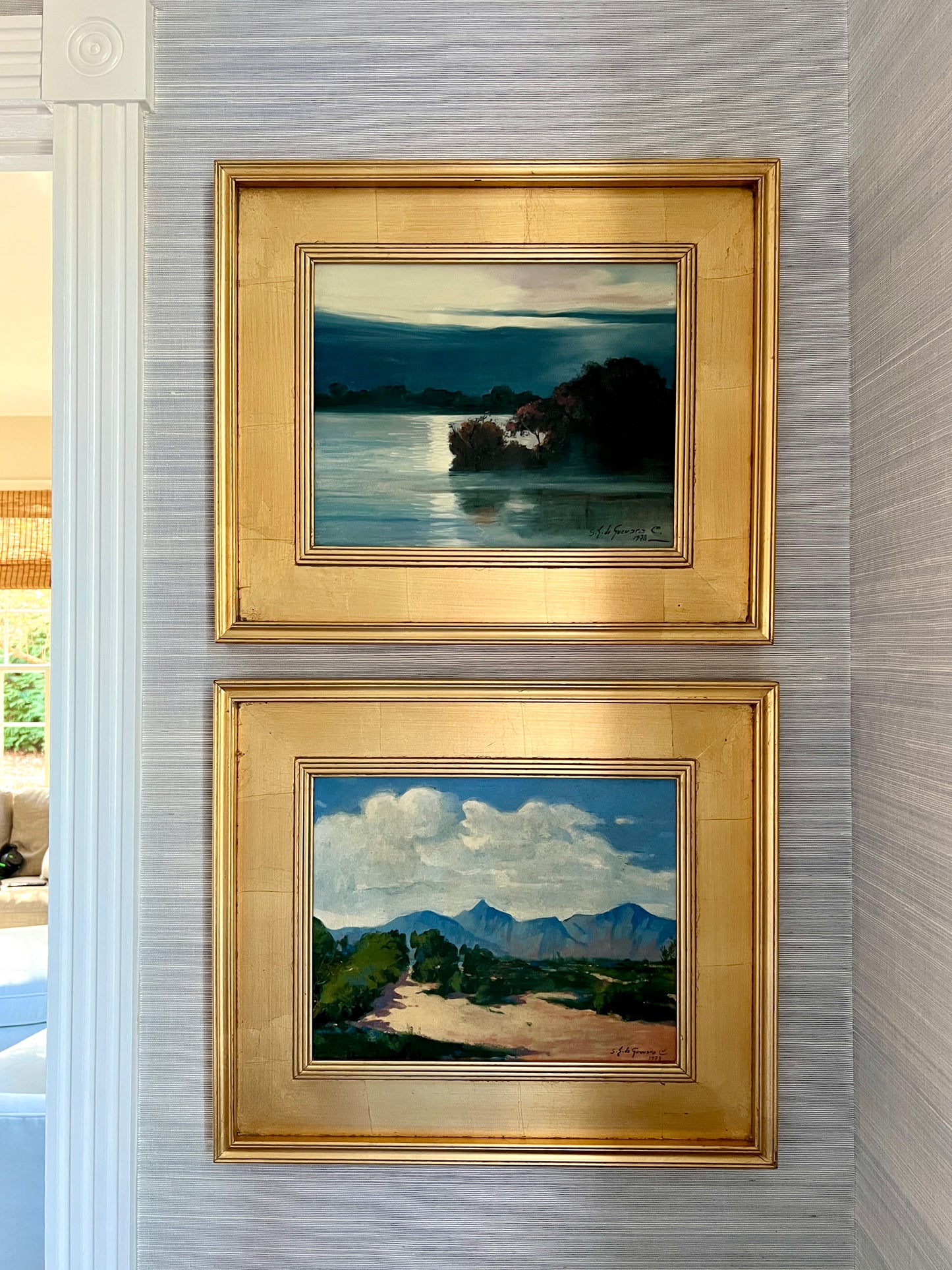 Sergio Landron de Guevara (20th c.) Moonlit Waterfront Landscape Oil Painting in Gold Frame