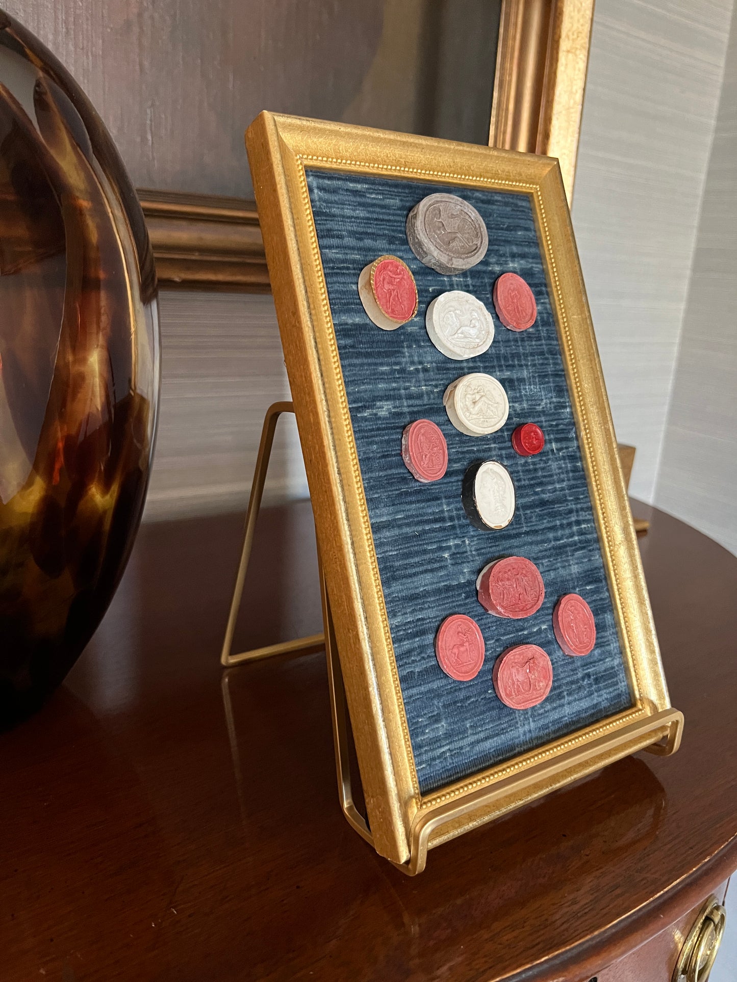 Collection of 19th Century Grand Tour Plaster and Red Sulfur Intaglios on Blue Velvet Gold Frame
