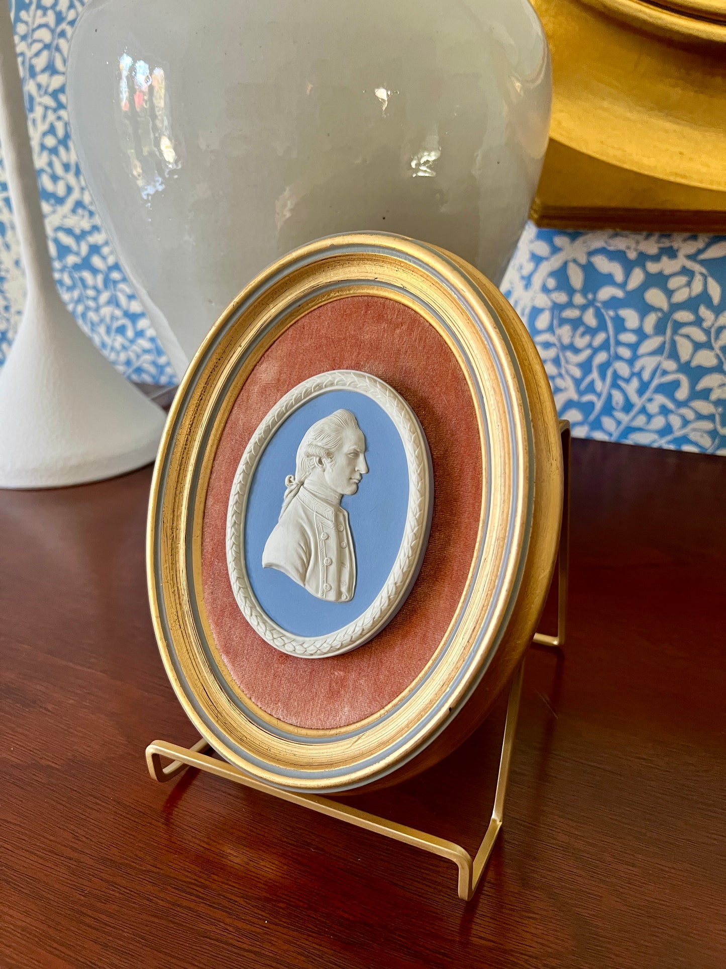 Wedgwood Jasperware Portrait Medallion of Captain James Cook Mounted on Coral Velvet in Gold Frame