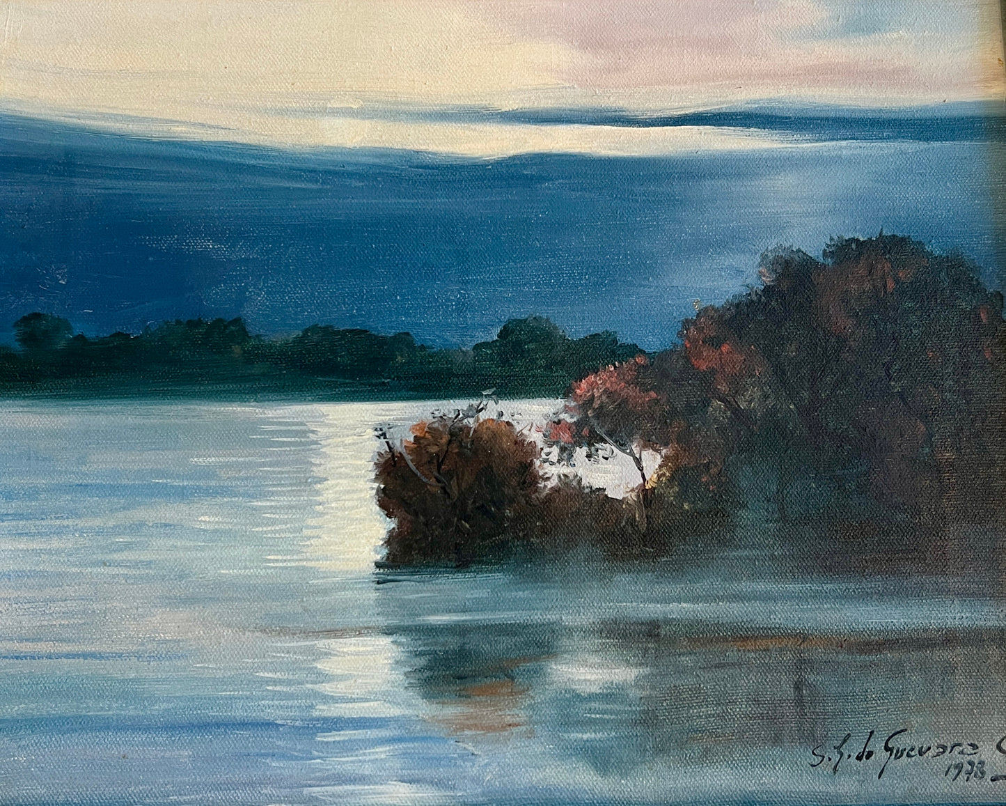 Sergio Landron de Guevara (20th c.) Moonlit Waterfront Landscape Oil Painting in Gold Frame