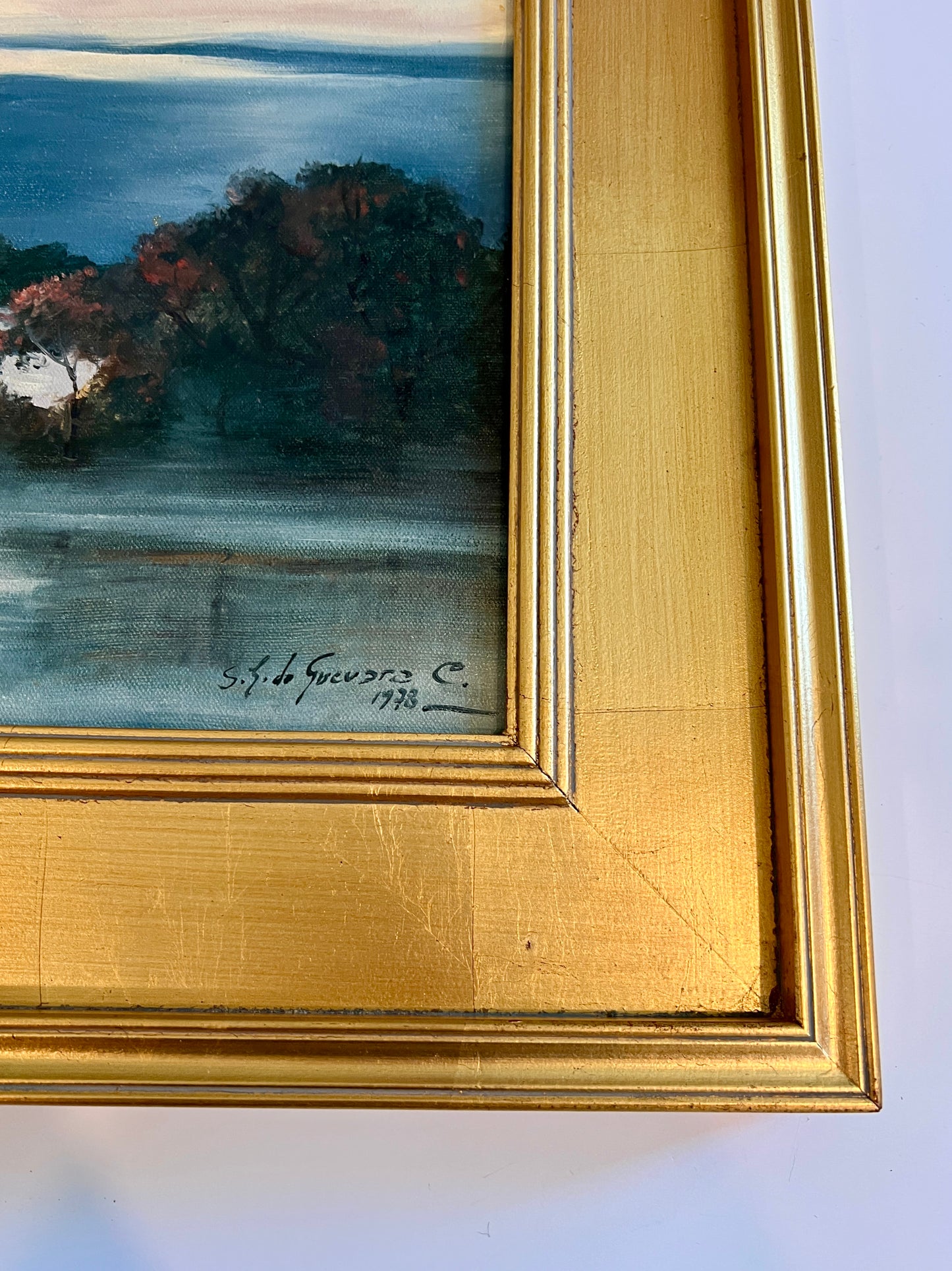 Sergio Landron de Guevara (20th c.) Moonlit Waterfront Landscape Oil Painting in Gold Frame