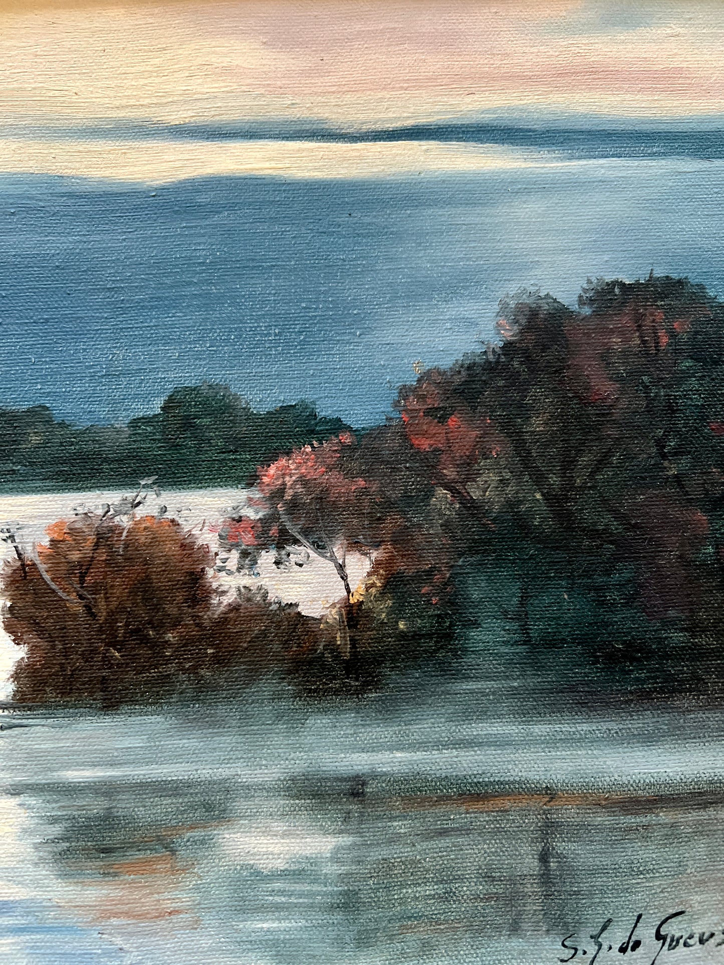 Sergio Landron de Guevara (20th c.) Moonlit Waterfront Landscape Oil Painting in Gold Frame