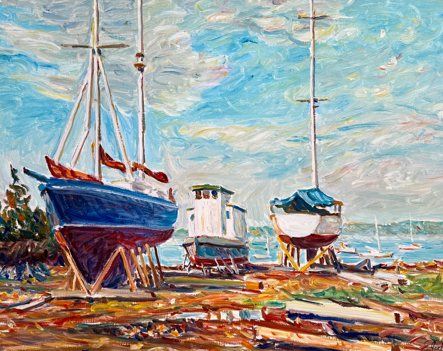 Edmund Jordan Lifting Fog East Boothbay Harbor Drydock Seascape Oil Painting in Gold Frame