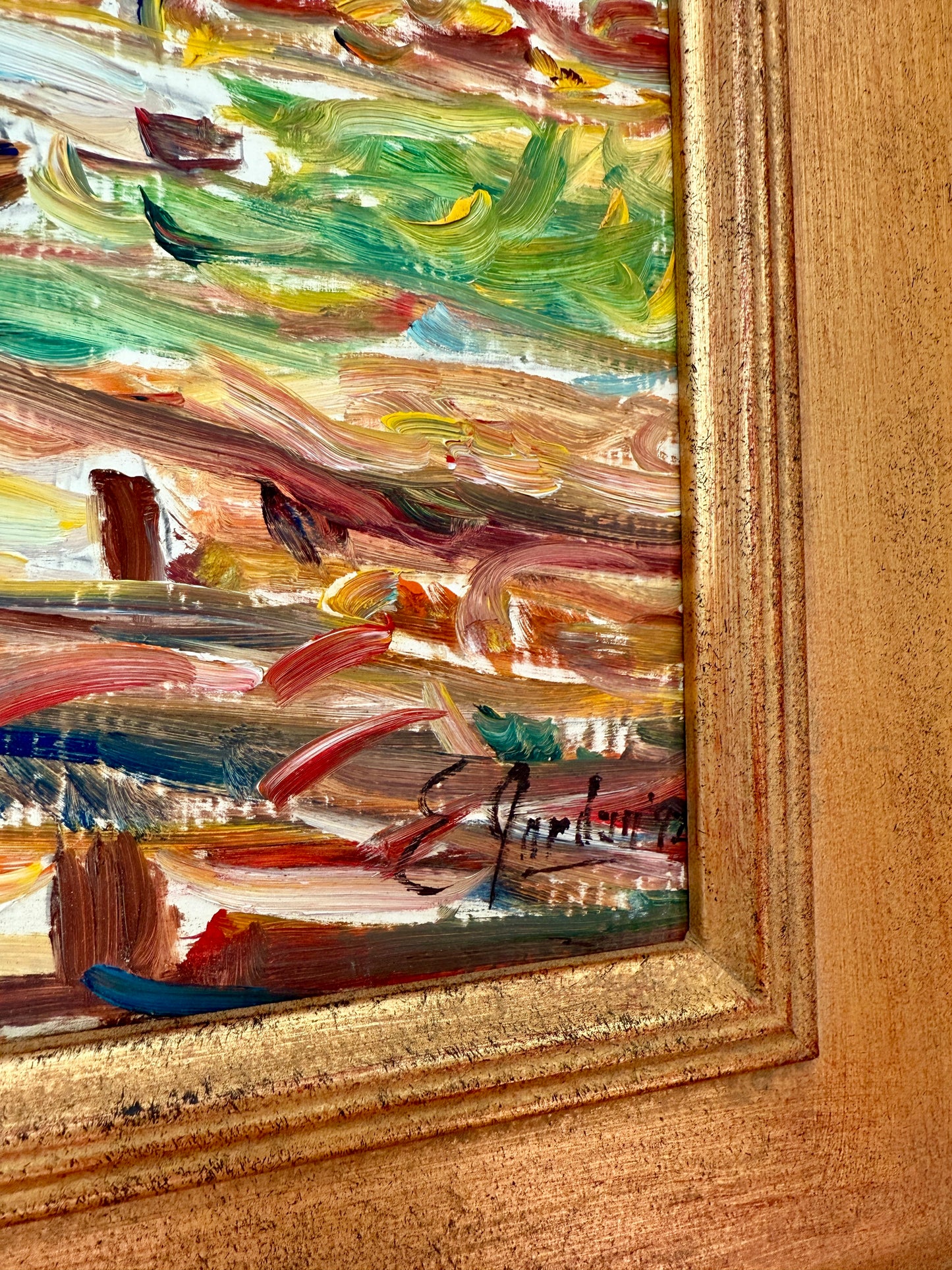 Edmund Jordan Lifting Fog East Boothbay Harbor Drydock Seascape Oil Painting in Gold Frame