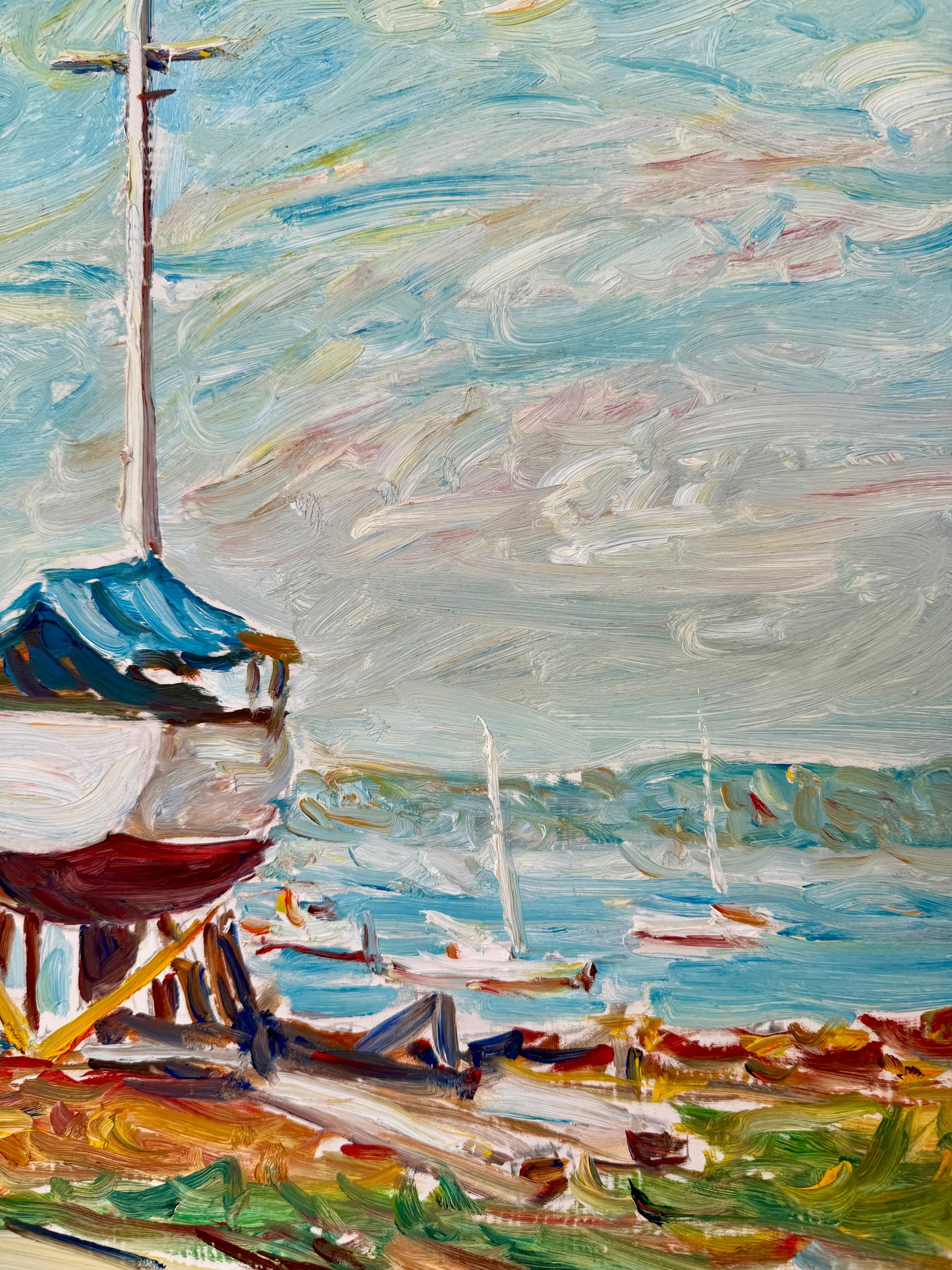 Edmund Jordan Lifting Fog East Boothbay Harbor Drydock Seascape Oil Painting in Gold Frame