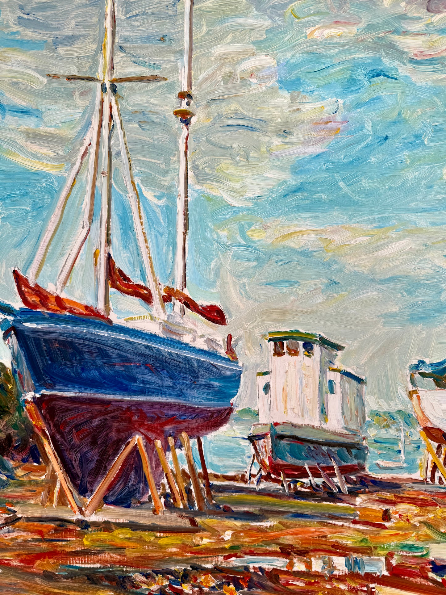 Edmund Jordan Lifting Fog East Boothbay Harbor Drydock Seascape Oil Painting in Gold Frame