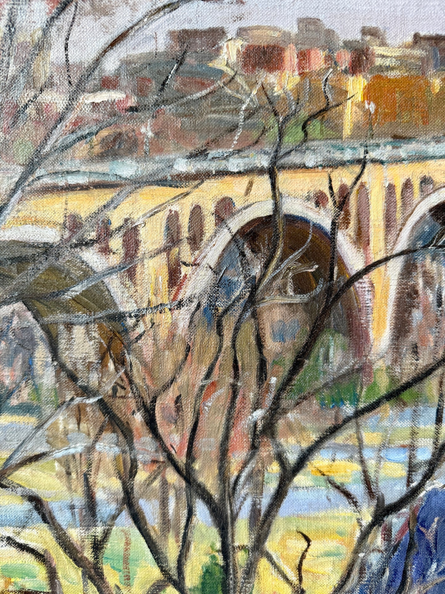 Arlington Virginia from Georgetown Francis Scott Key Bridge Oil Painting in Cream and Gold Frame
